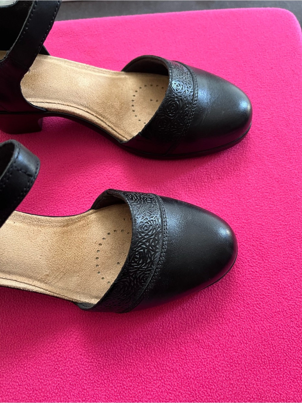 Clarks Black Mary Jane shoes with Embossed Toe Strap